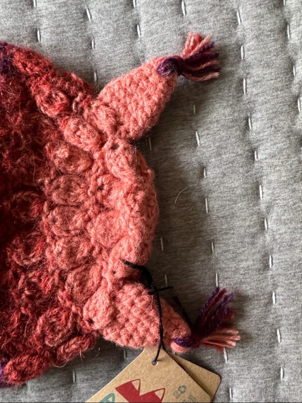 Kids Crochet Owl Earflap Hat in Purple & Coral - Cozy Winter Beanie - Picture 5 of 8